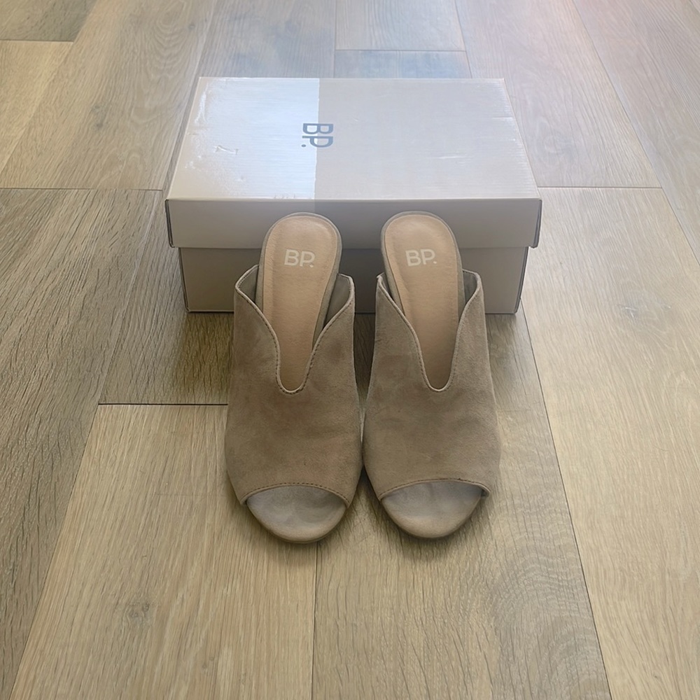BP grey sued heeled mule. Used. Size 6.5. 4” heel.